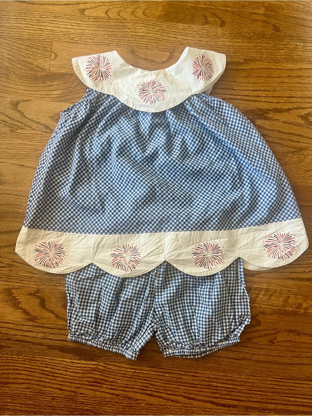 Blue Gingham Girls' Matching Set with Firework Trim